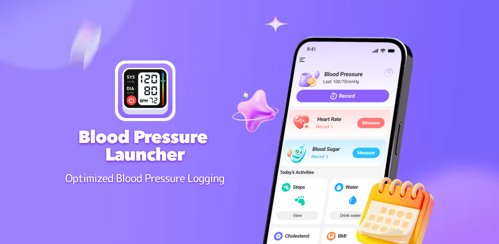 Blood Pressure Launcher promotional banner showing app on phone with beautiful health tracking interface